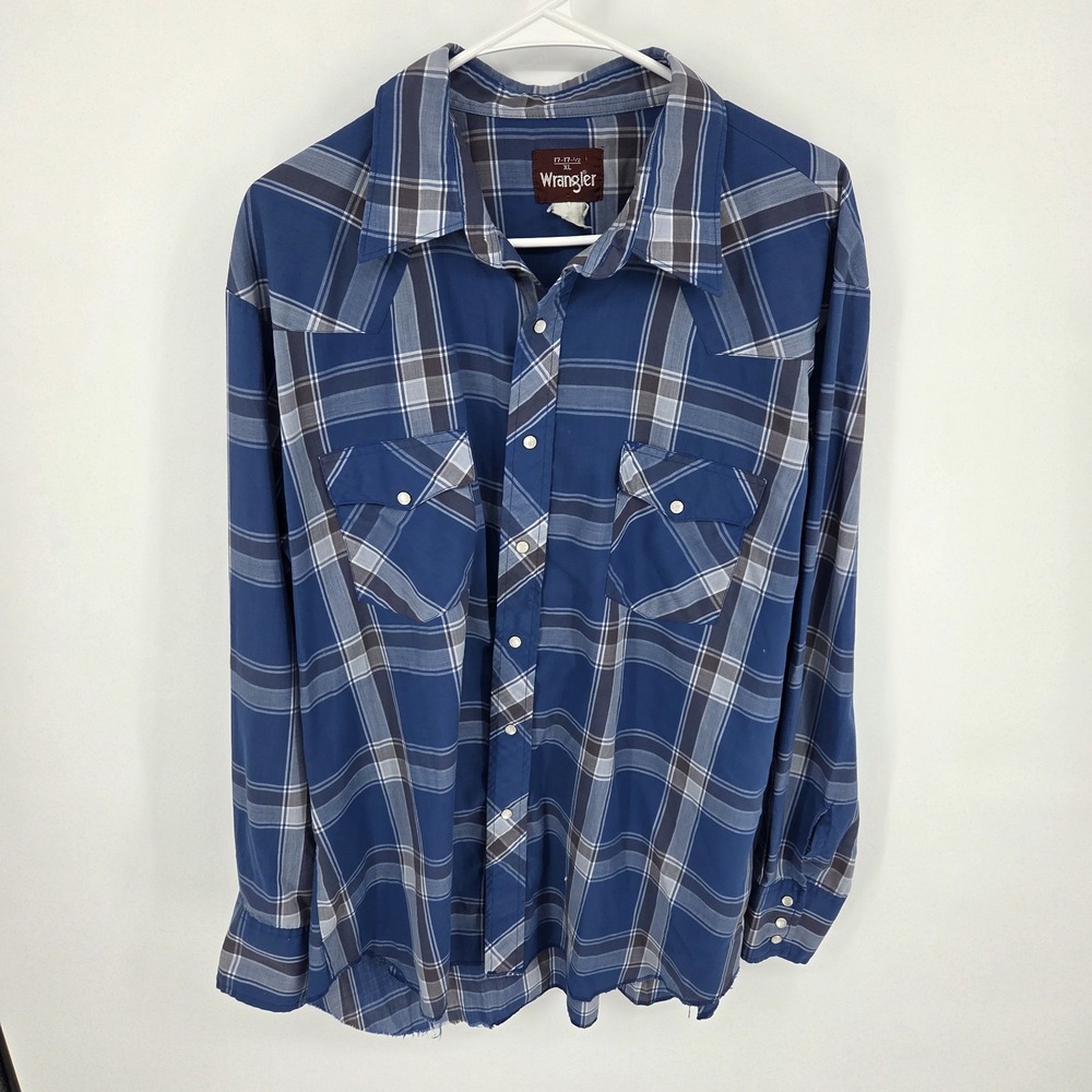 Vintage Wrangler Wrancher Pearl Snap Western Shirt*XL*Blue & White Plaid*Retro